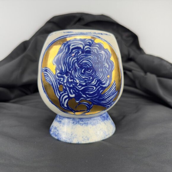 ANTHROPOLOGIE Ruan Hoffmann‎ Jardin des Plantes Ceramic Blue & Gold White Vase - Picture 7 of 12